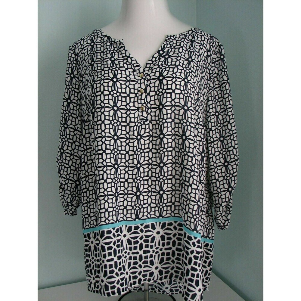Plus Size V Neck Navy Lattice Print Tunic Top Blouse Tacera Long Length 2X